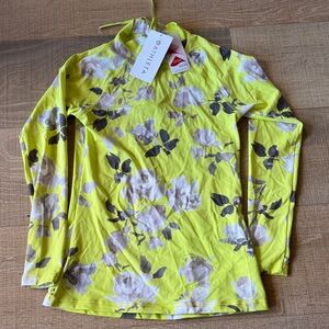 Athleta Gardenia Yellow Floral Long Sleeve rash-guard M. NWT